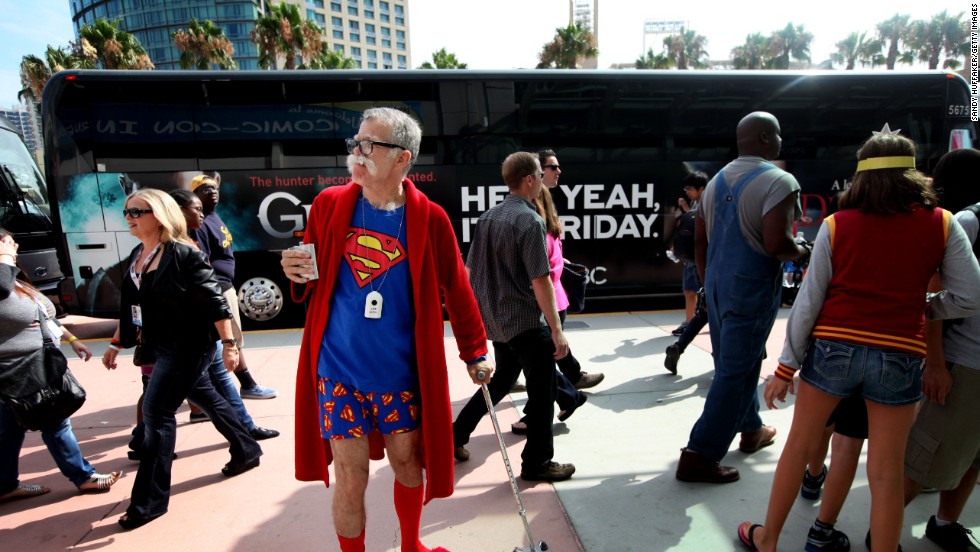 John Ash dresses as a Superman charactor at Comic Con, Friday, July 19, 2013 in San Diego, California.  Comic Con International Convention is the Worlds largest Comic and entertainment event and hosts celebrity movie panels, a trade floor with comic book, Science Fiction and action film related booths, as well as artist workshops,  movie premieres and much more.(Photo by Sandy Huffaker/Getty Images)